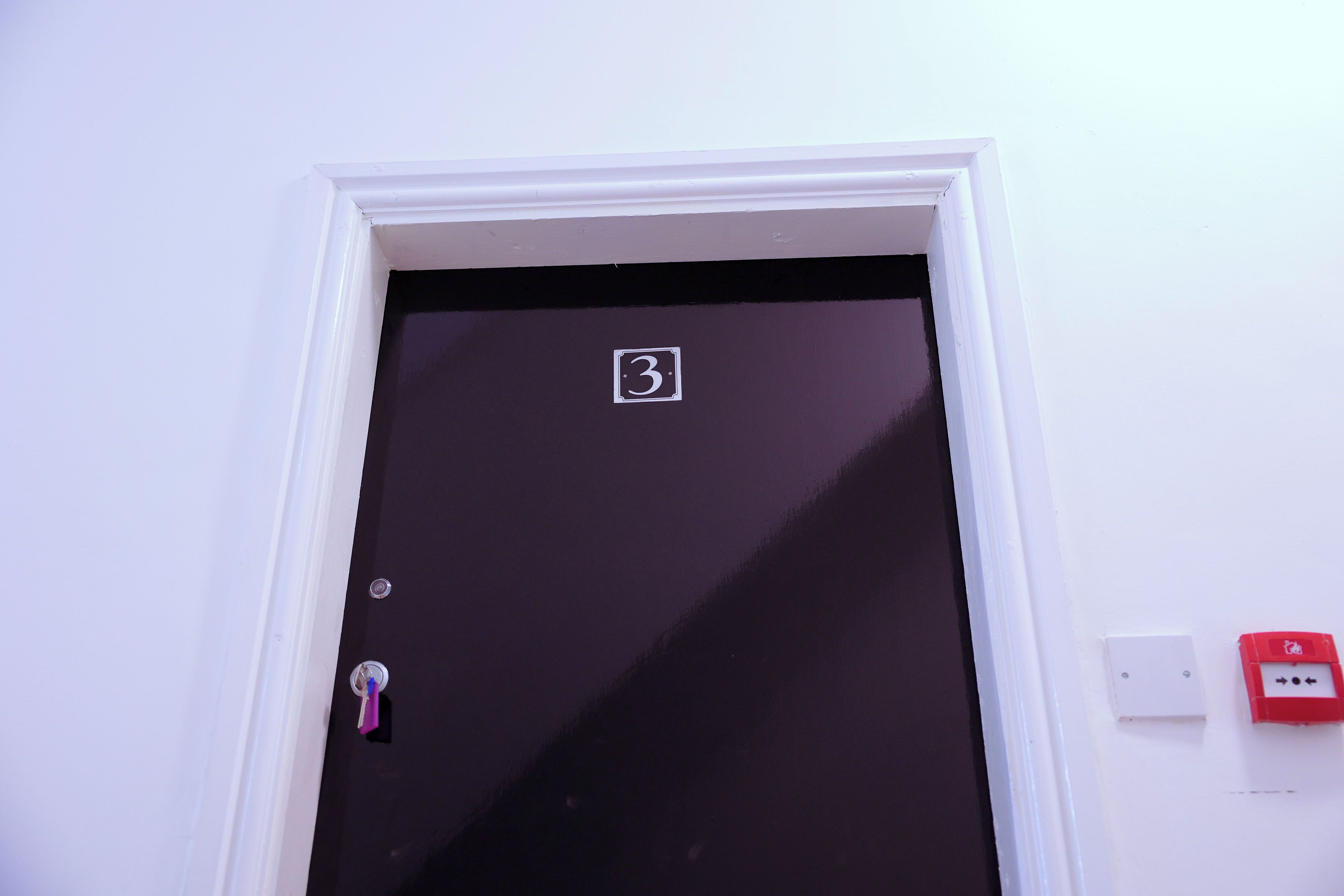 A door with a number plate, a keyhole, and a red emergency switch on the wall.