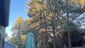 An outdoor patio with a table and chairs, a green umbrella, and a wooden fence. - *Just Listed* Alpine Retreat with A/C and hot Tub! (Flagstaff)