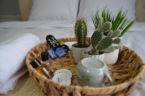 Hair dryer, slippers, towels, soap