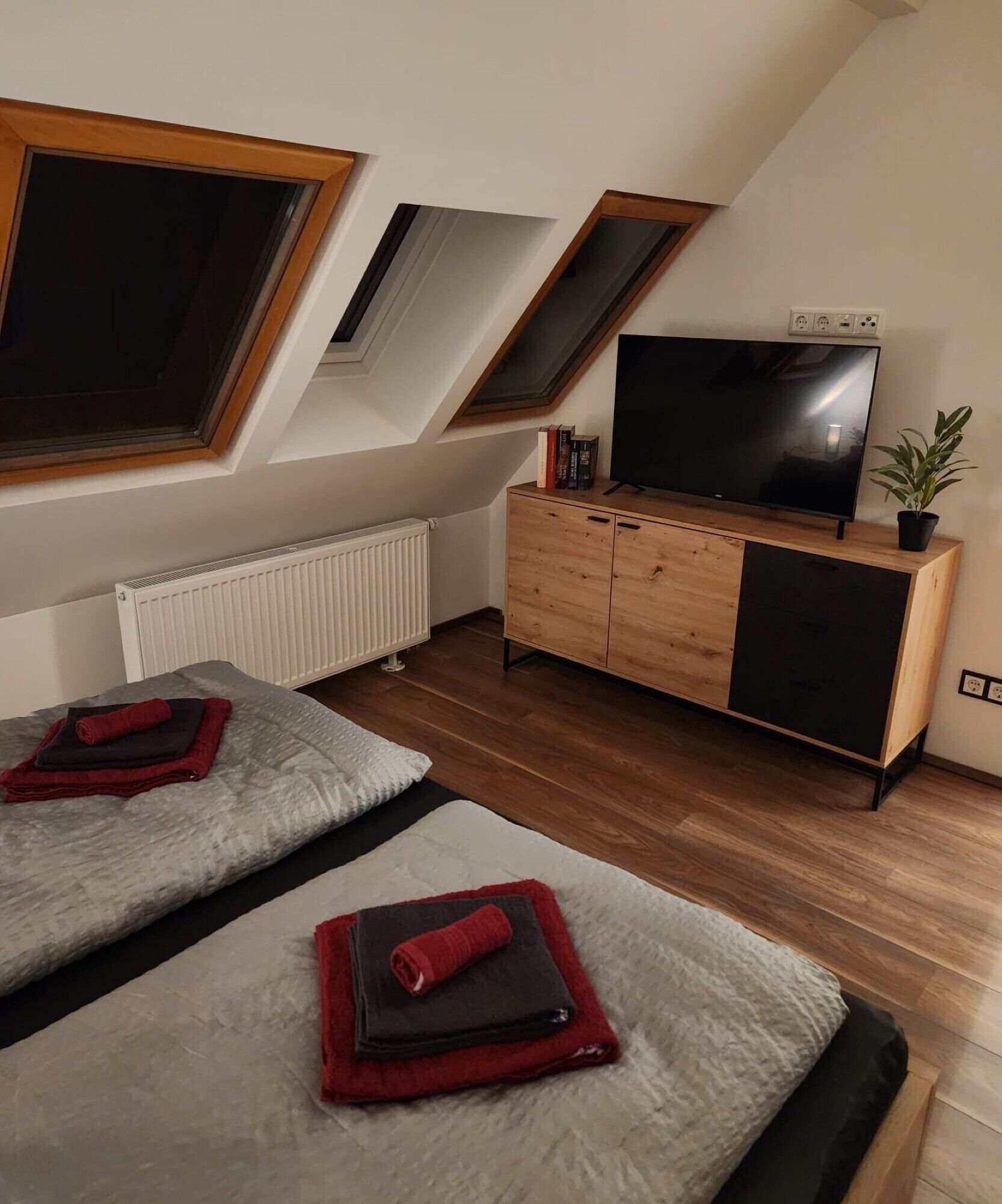 Et soveværelse med to senge, et fjernsyn, en radiator og et træskab.