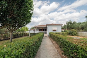 A house with a paved pathway leading to a front door, surrounded by well-maintained hedges and a tree.