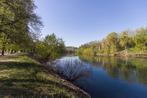 Ein ruhiger Fluss mit Bäumen an beiden Ufern, einem klaren Himmel und einer Wiese mit Bänken.