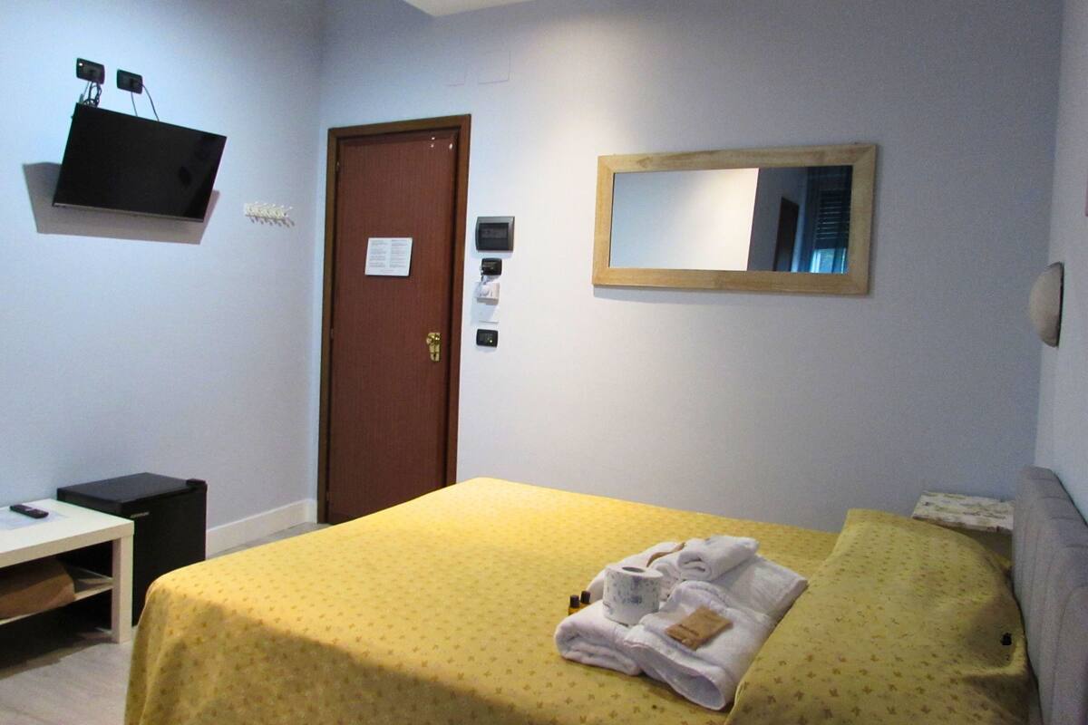 A hotel room with a bed, a desk, a TV, a door, and a mirror.