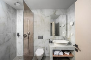 Shower, hair dryer, towels, toilet paper