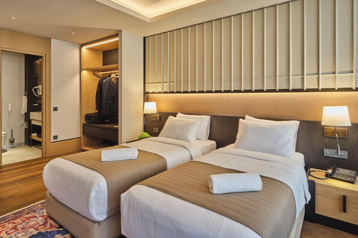 Habitación superior con 2 camas individuales, vista a la ciudad | Caja de seguridad en la habitación y escritorio