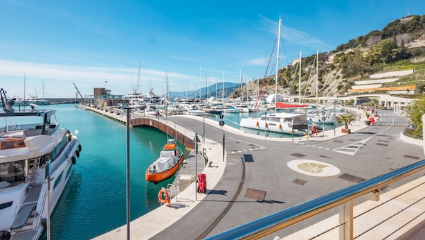 Un puerto deportivo con barcos amarrados, cielo despejado y un paisaje montañoso al fondo.