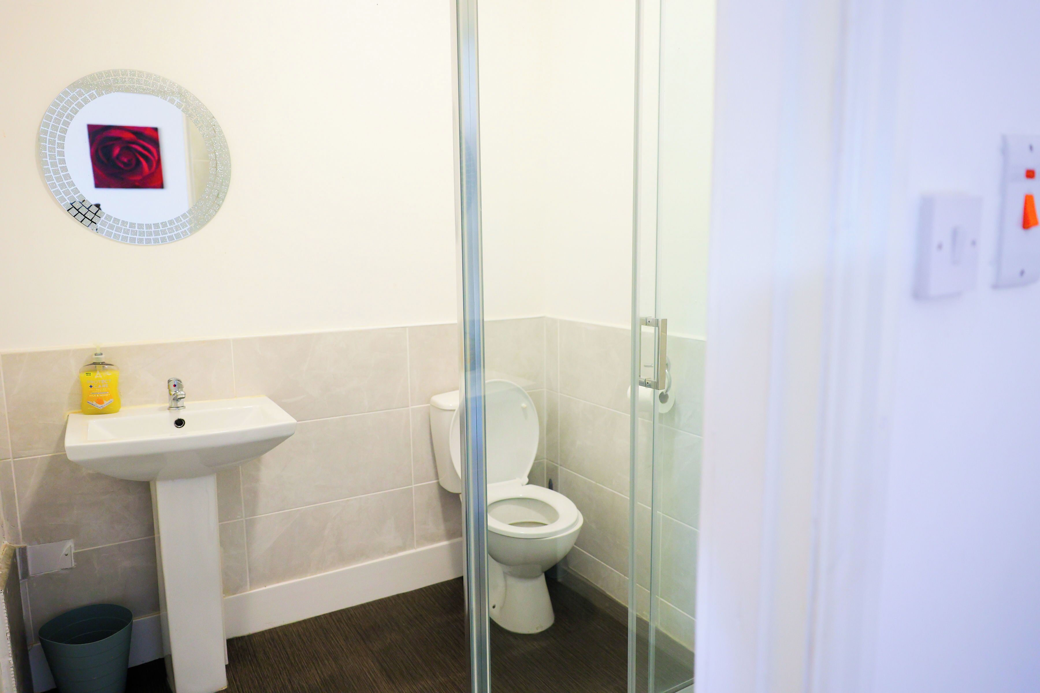 Shower, hair dryer, bidet, towels