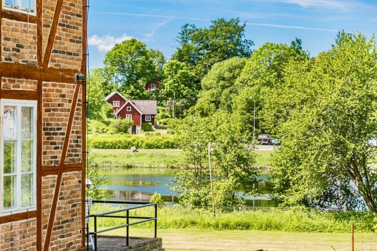 A brick building with a visible window and a door, a pond, and a red house in the background.