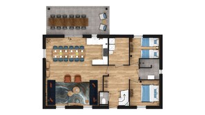 Distribución de un hotel con comedor, varias habitaciones, un baño y una pequeña cocina.