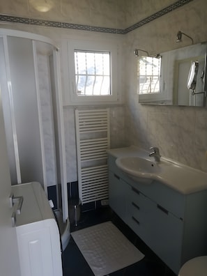 Shower, hair dryer, towels