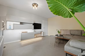 A modern living room with a grey sofa, a flat-screen TV, a white cabinet, and a large green plant.