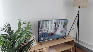 Un meuble en bois pour la télévision, sur lequel est posée une télévision à écran plat diffusant un jeu vidéo, ainsi qu’une plante en pot et un lampadaire.