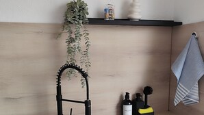 Une cuisine avec un évier noir, une plante suspendue, une étagère contenant des articles de toilette et un porte-serviettes.