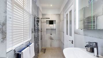 Shower, hair dryer, bidet, towels
