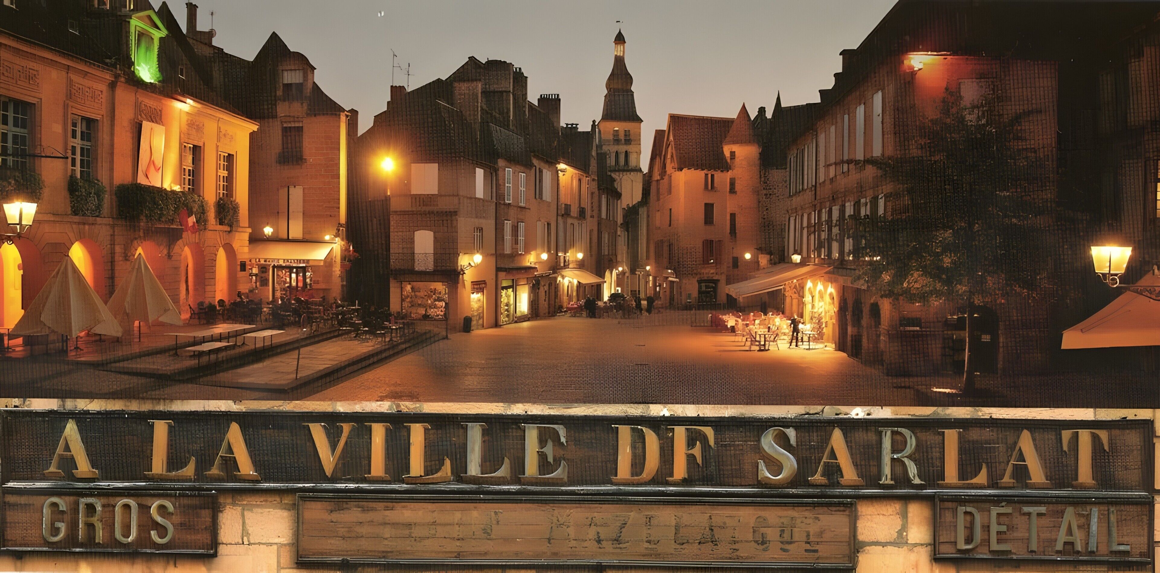 En historisk plads med traditionel europæisk arkitektur, et markant skilt med teksten 'A LA VILLE DF SARLAT' og en belagt grund.