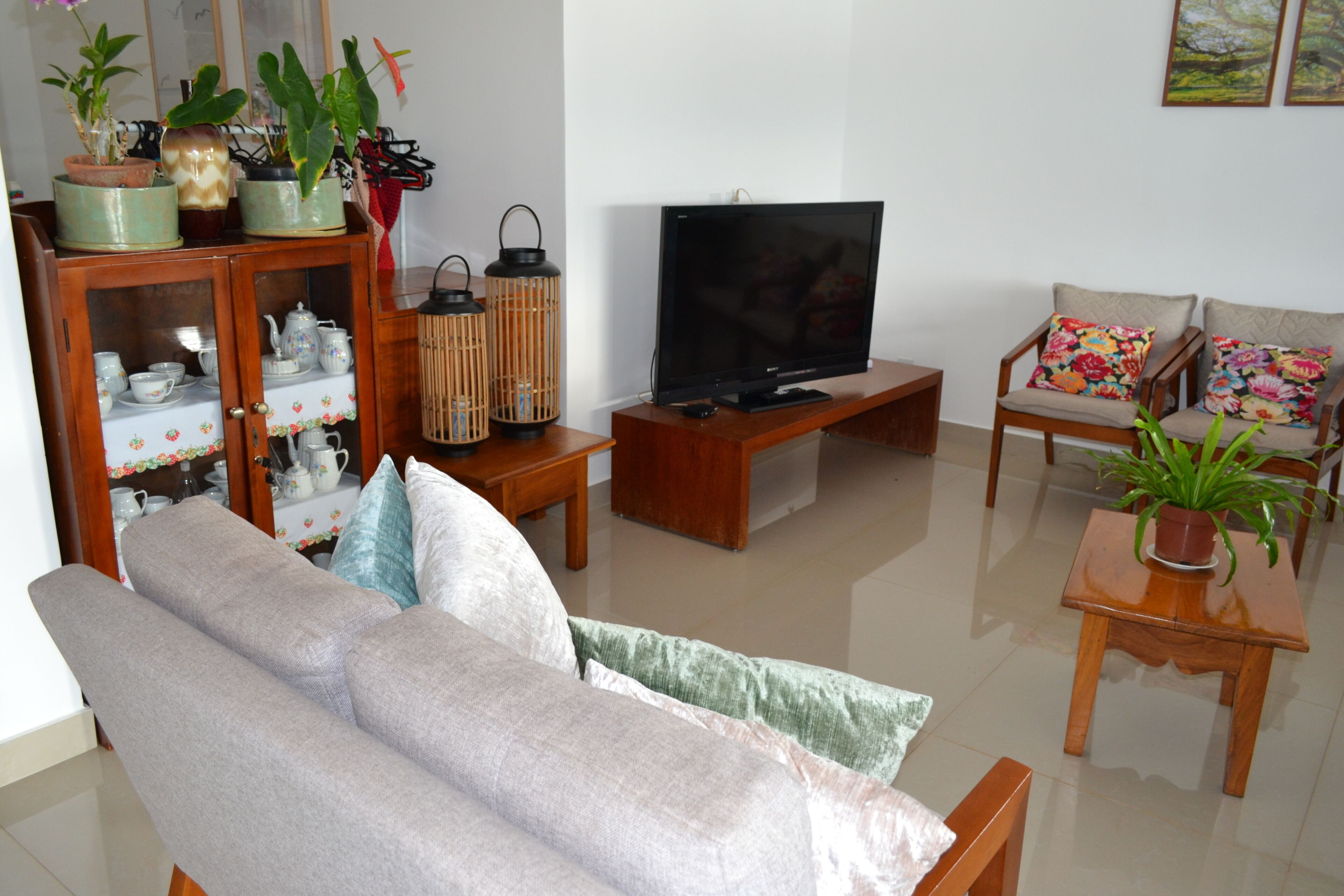 Una sala de estar con sofá, televisor, aparador de madera y plantas en macetas.