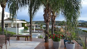 Outdoor pool, pool umbrellas, pool loungers