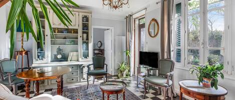 Télévision, cheminée, chaîne hi-fi