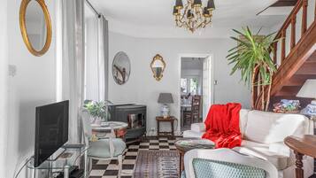 Télévision, cheminée, chaîne hi-fi