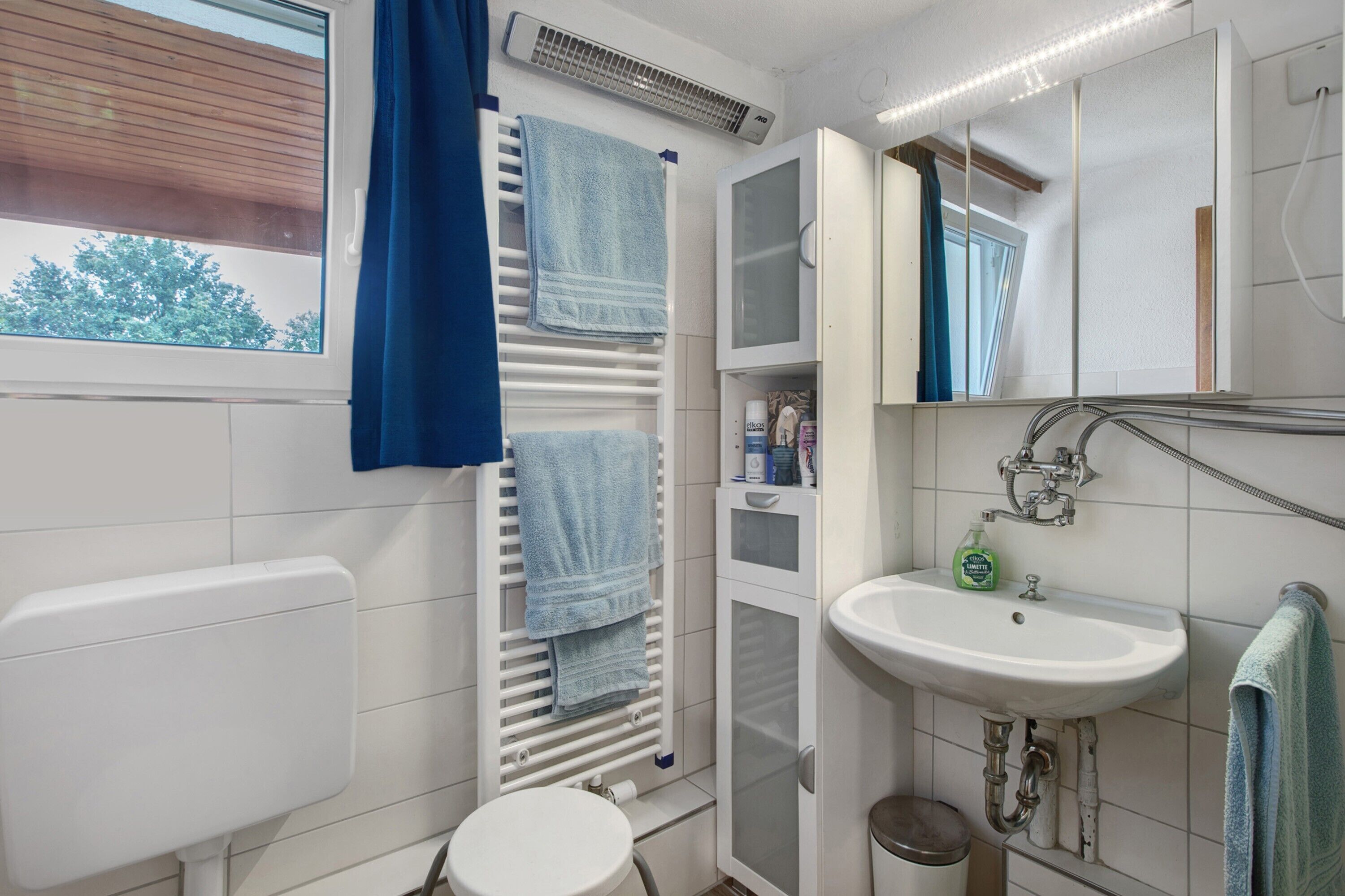 A bathroom with a white radiator, a white sink, a mirror, and a window with a view of trees.