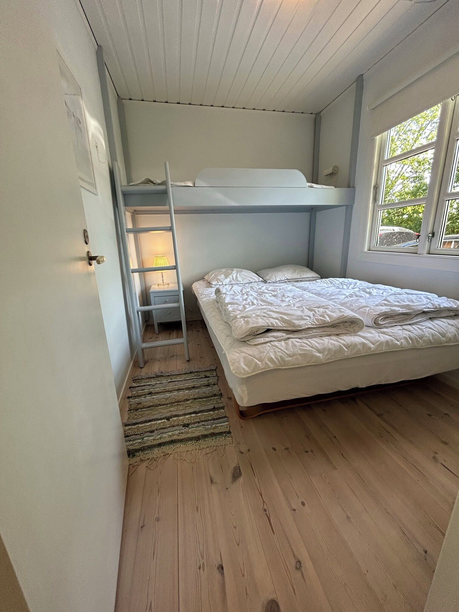 A bunk bed room with a ladder, a window, and a door.