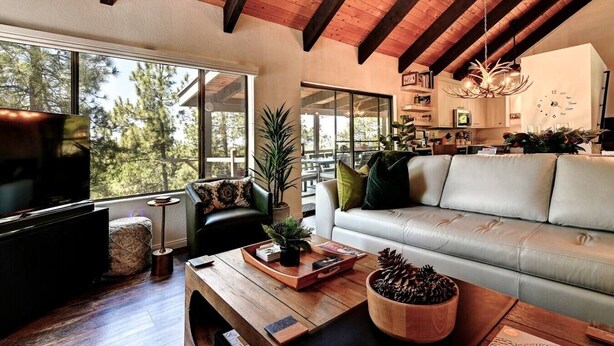 A spacious living room with a large window, a wooden ceiling, a sofa, a coffee table, and a television.