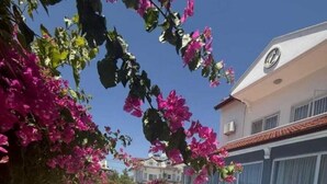 Una piscina con sillas de descanso, rodeada de flores de buganvilla rosadas, y un edificio con techo de tejas al fondo.