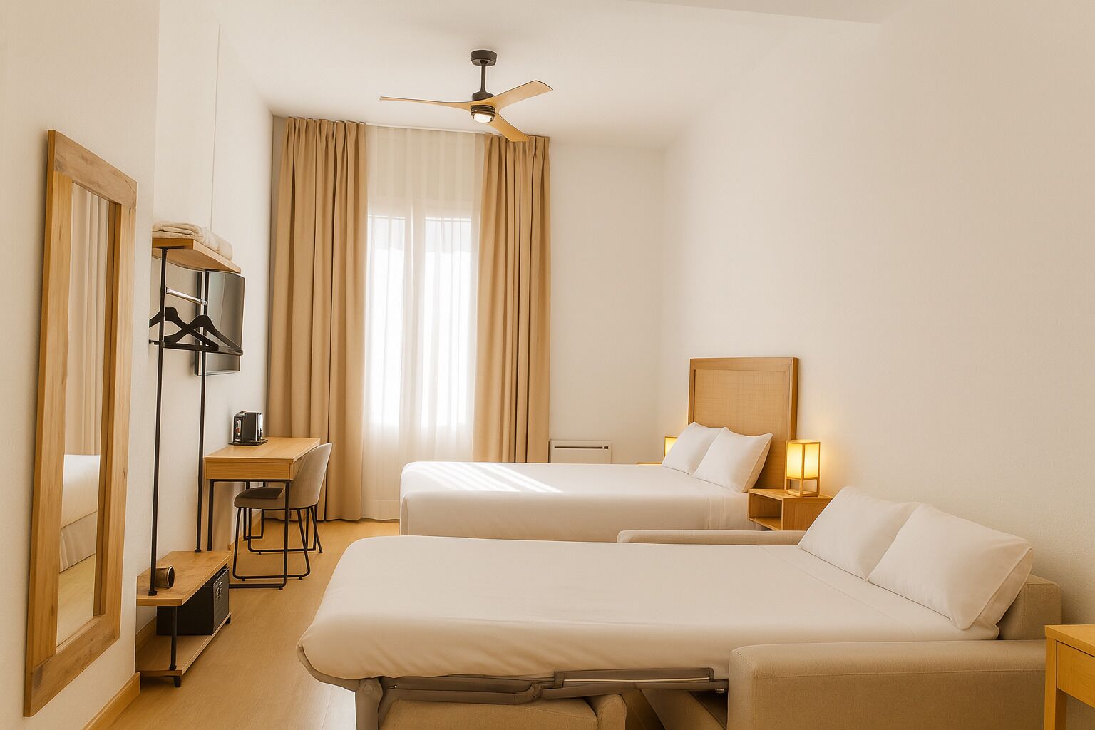Family Quadruple Room, 1 Queen Bed with Sofa bed, Balcony, City View | Premium bedding, down comforters, minibar, in-room safe