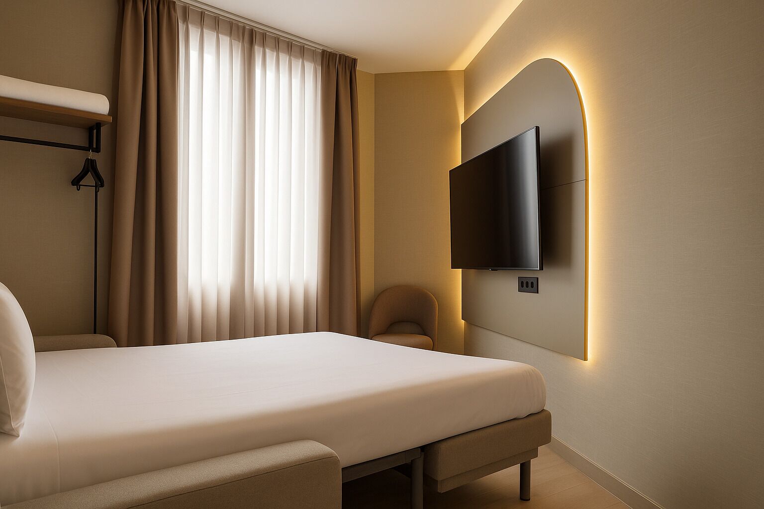Habitación de hotel con una cama, una silla, un televisor montado en la pared y una ventana con cortinas.