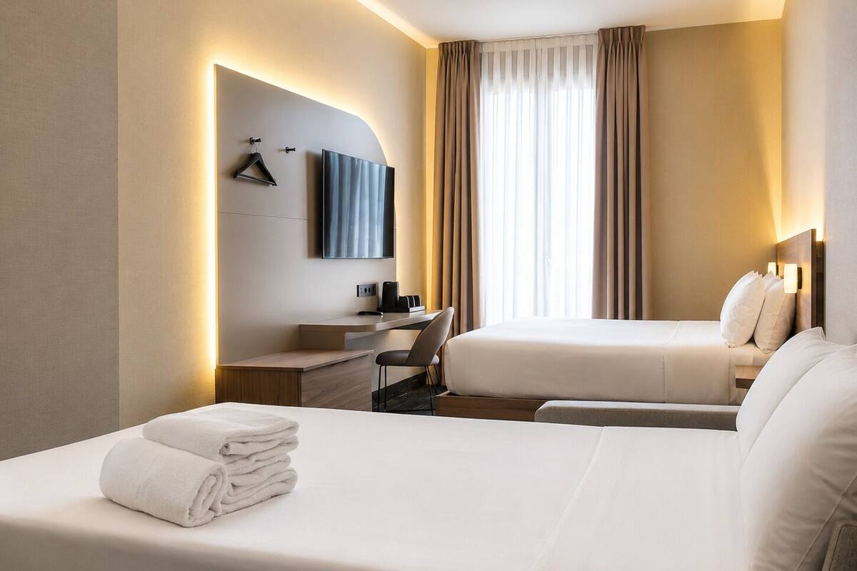A hotel room with two beds, a desk, a chair, a TV, and a window with curtains.