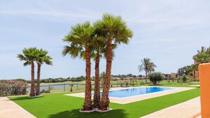 Een zwembad omringd door palmbomen en een verzorgd gazon.