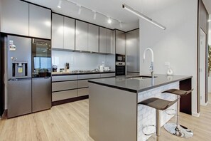 Fridge, microwave, oven, stovetop - Upscale Abode with Lift, Sea and Skyline Views (Auckland Central Suburbs)