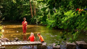 A wooden dock over a stream in a forested area with people standing and sitting.