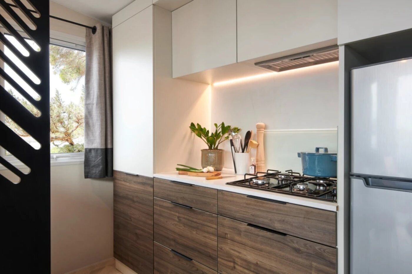 Fridge, microwave, stovetop