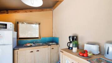 Réfrigérateur, micro-ondes, plaque de cuisson, grille-pain