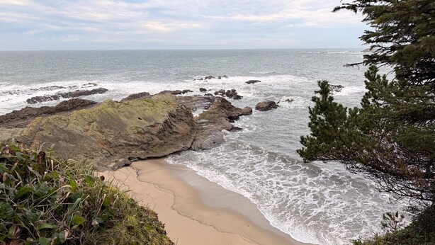 A coastal landscape with rocky outcrops, a sandy beach, and dense greenery.