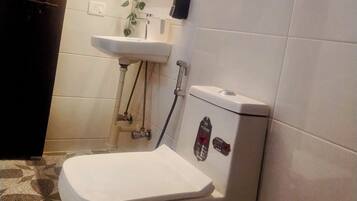 Shower, towels, soap, toilet paper