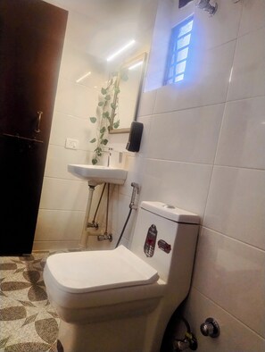 Shower, towels, soap, toilet paper
