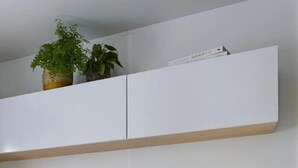 Een netjes opgemaakt bed met een groen kussen, een nachtkastje met een lamp en een plank met planten.