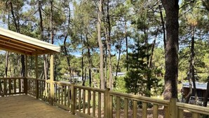 A wooden deck with a railing, surrounded by trees.