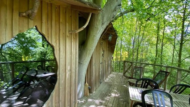 Una terraza de madera con mesas y sillas, rodeada de árboles.