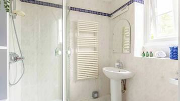 Shower, hair dryer, towels