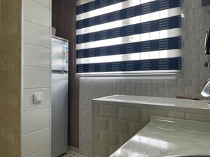 Fridge, microwave, oven, cookware/dishes/utensils