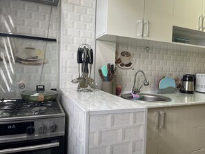 Fridge, microwave, oven, cookware/dishes/utensils