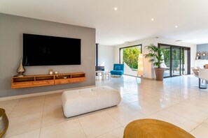 TV, fireplace - Villa 'Au Bord Du Gardon' with Mountain View, Wi-Fi and Air Conditioning (Sainte-Anastasie)