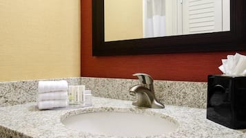 Hair dryer, towels, soap, shampoo