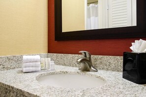 Secador de cabelo, toalhas de banho, sabonete, shampoo