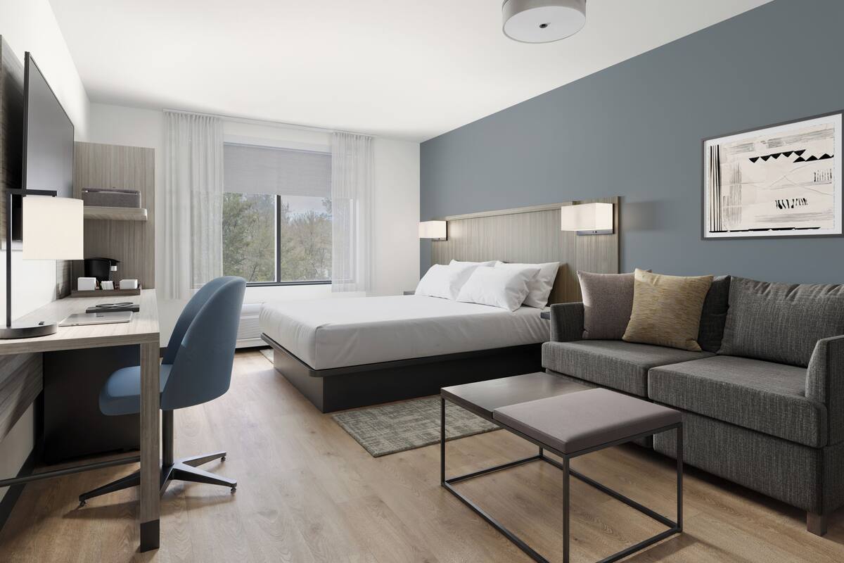 A modern hotel room with a bed, desk, chair, couch, and a framed picture on the wall.