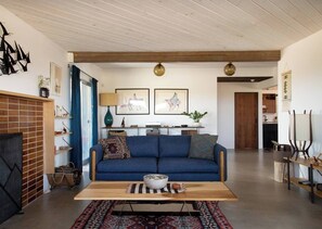 Smart TV, fireplace, books, video library