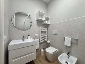 Ducha, secador de pelo, bidé y toallas